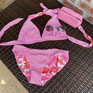 LN Reversible Lilly Pulitzer bikini polka dot gecko swim bathing suit 4-6 Cute!